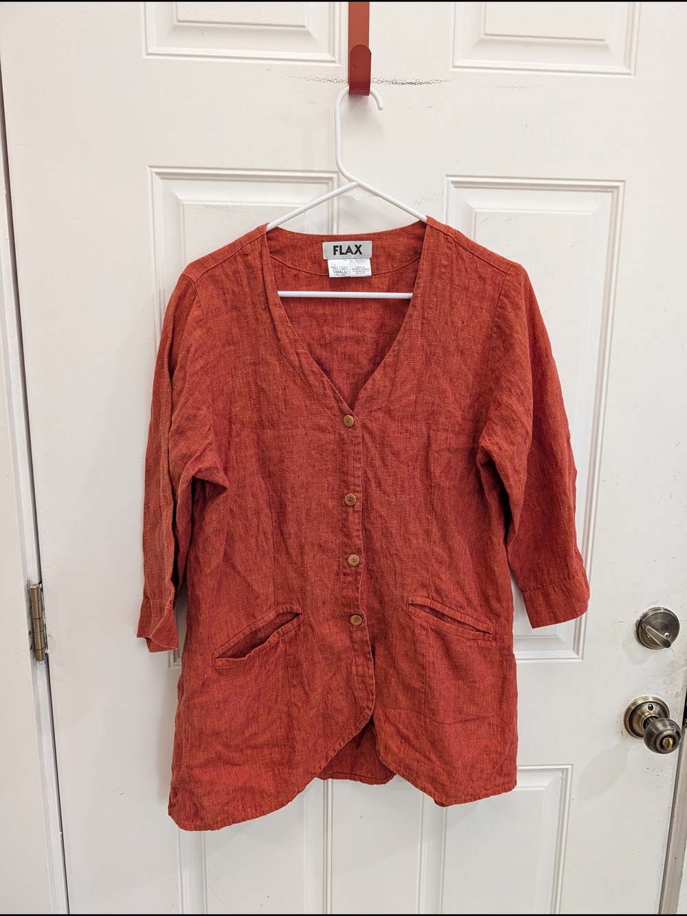 FLAX Womens 100% Linen Button Front Tunic Top Orange Terracotta V-Neck Small